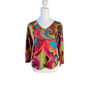 VTG DOLCETTI |  Mod Multi-Color Silk Knit V-Neck 3/4 Sleeve Top Size M